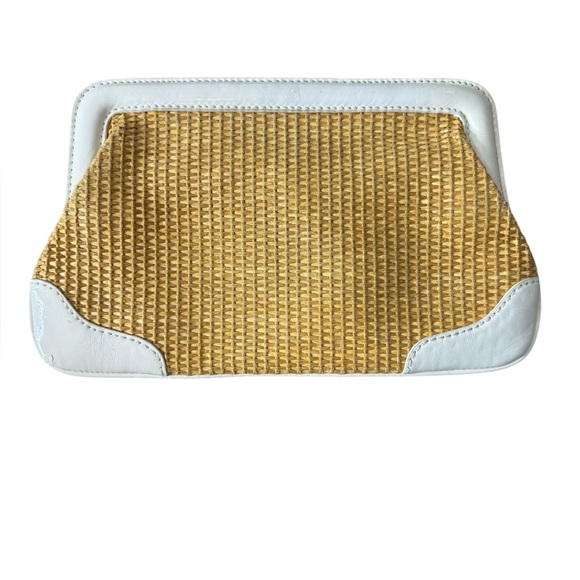 J. Crew Handbags - J Crew‎ Straw White Faux Leather Trim Clutch Bag Checkered Interior
